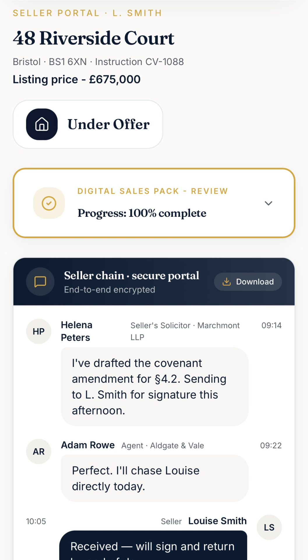 Seller portal listing header, status and secure chat thread