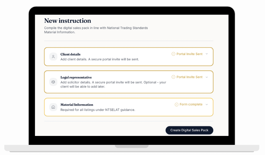 New instruction digital sales pack setup screen on a laptop